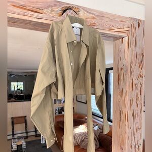 Reworked Khaki Cropped Button-Up Shirt L/XL